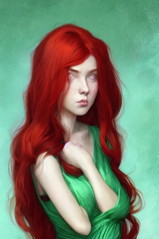 Image similar to beautiful cute red haired joyful and playful 1 9 year old maiden standing up in a green dress, long hair, sci - fi, fantasy, intricate, elegant, digital painting, artstation, concept art, smooth, 8 k frostbite 3 engine, ultra detailed, art by artgerm and greg rutkowski and magali villeneuve