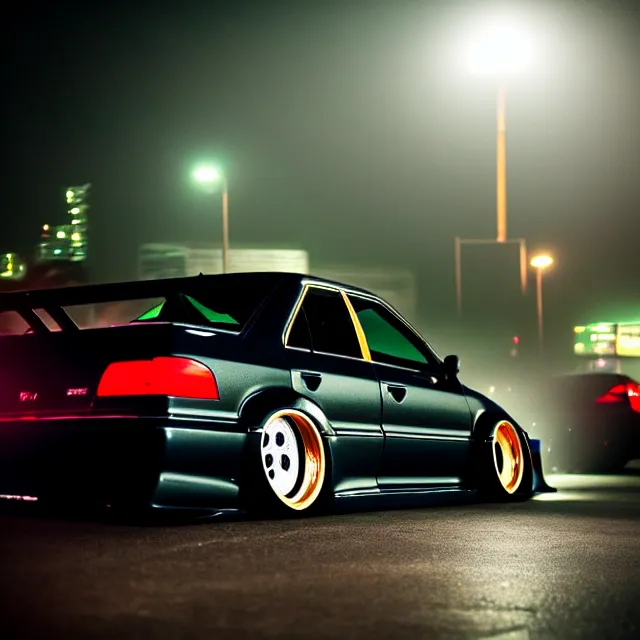 Image similar to a car JZX100 twin turbo drift at illegal car meet, Kanagawa prefecture, city midnight mist lights, cinematic lighting, photorealistic, highly detailed wheels, high detail