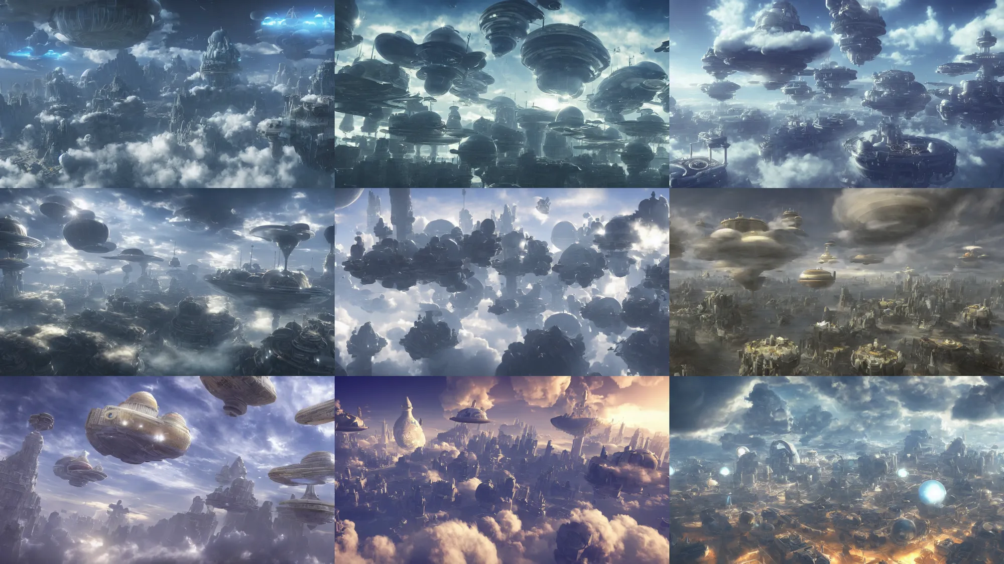 Prompt: aetherpunk cloud city with airships flying around it, volumetric clouds, photo real