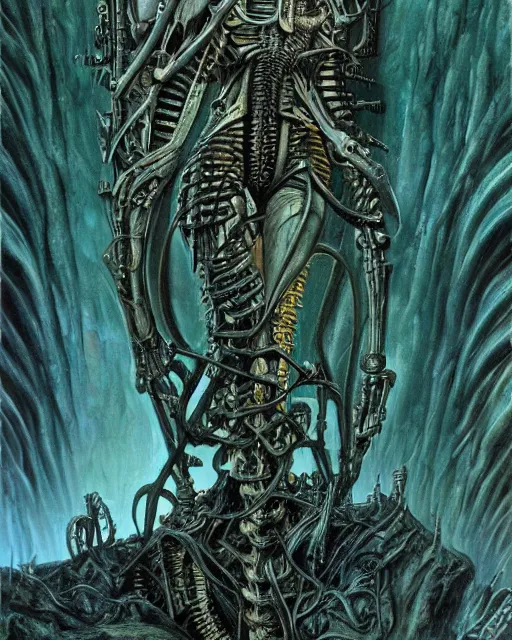 Prompt: artwork by hr giger, by roger dean, by julie bell, biomechanical, 4 k, hyper detailed