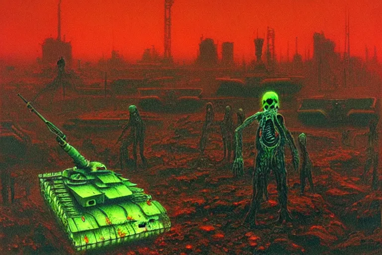 Prompt: glowing green alien crystals, polished green quartz surface irradiating radioactive zombie infested city, t - 9 0 tank, dark apocalyptic orange and red wasteland, beksinski
