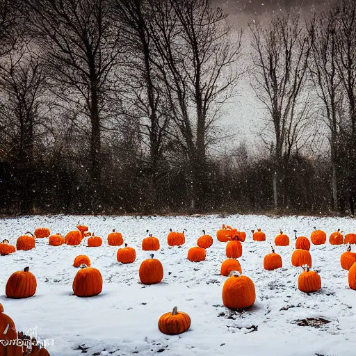 Image similar to a pumpkin patch in winter, photography, studio lighting, night, 4 5 mm lens, high resolution 8 k,