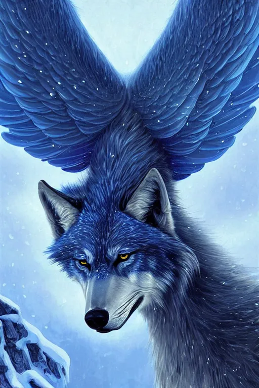 Image similar to blue wolf with wings, facing front, regal, elegant, winter, snow, beautiful, stunning, hd, illustration, epic, d & d, fantasy, intricate, elegant, highly detailed, digital painting, artstation, concept art, smooth, sharp focus, illustration, wallpaper, art by artgerm and greg rutkowski and alphonse mucha and jin xiaodi