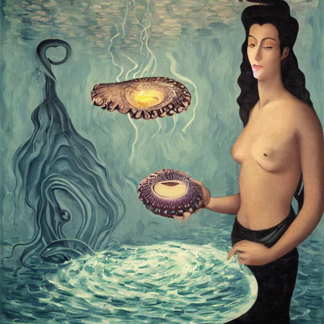 Image similar to tall female artist holding a nautilus in her flooded kitchen, pomegranates, octopus, water gushing from ceiling, painting of flood waters inside an artist's apartment, a river flooding indoors, candles, ikebana, zen, rapids, waterfall, black swans, canoe, berries, acrylic on canvas, surrealist, by magritte and monet