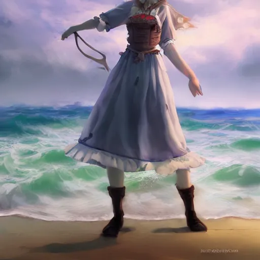 Prompt: dancing milk maid woman wearing a pirate hat shore seascape in the style of Krenz Cushart