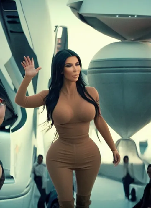 Image similar to film still of kim kardashian being held up in the air by an alien, 8 k