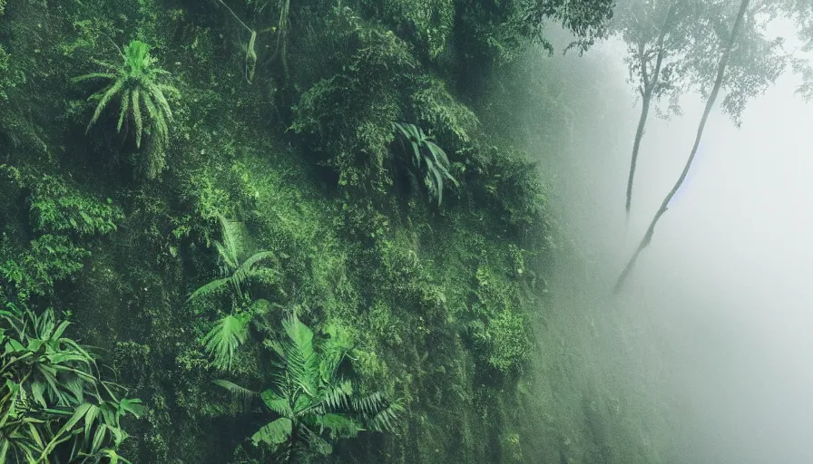 a rainy foggy jungle, river with low hanging plants