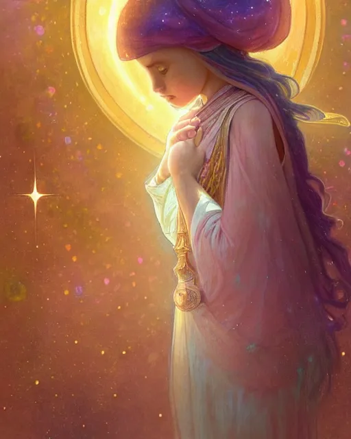 Image similar to bedouin child praying in galaxy walking towards mosque surrounded by nebula, highly detailed, gold filigree, romantic storybook fantasy, soft cinematic lighting, award, disney concept art watercolor illustration by mandy jurgens and alphonse mucha and alena aenami, pastel color palette, featured on artstation