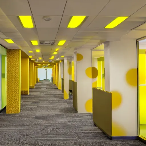 Image similar to office building interior, musty yellow carpet, yellow wallpaper, buzzing lights