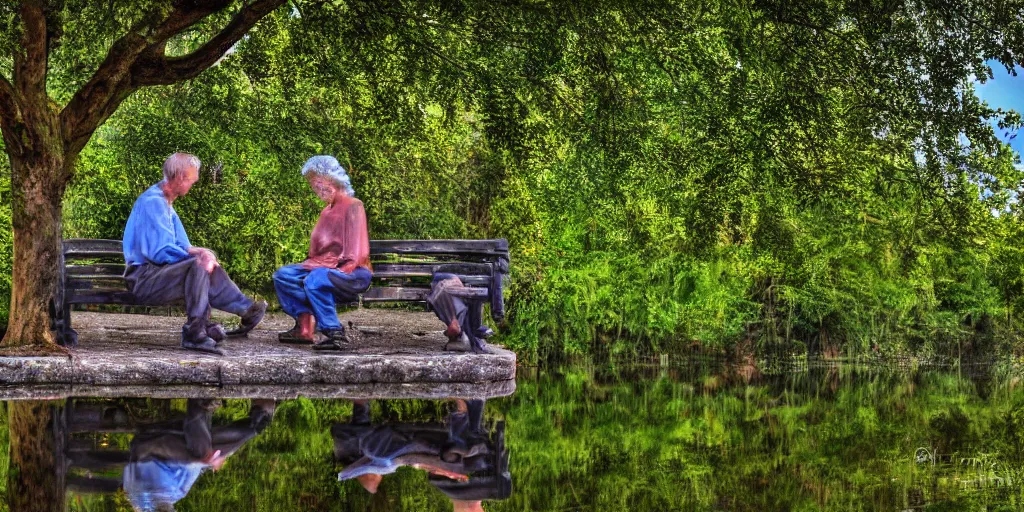 Prompt: mathematician and a philosopher sitting on a bench in front of a pond, intricate detailed reflection, HDR,
