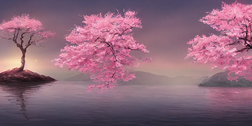 Image similar to a single sakura tree growing upon an island in a lake, cherry blossoms, illustration, light beams, digital art, oil painting, fantasy, 8 k, trending on artstation, detailed