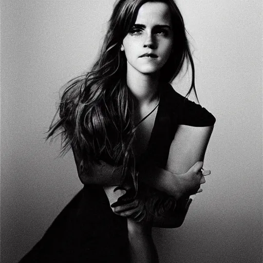Prompt: Emma Watson closeup face shoulders very long hair hair pouting and grinning Vogue fashion shoot by Peter Lindbergh fashion poses detailed professional studio lighting dramatic shadows professional photograph by Cecil Beaton, Lee Miller, Irving Penn, David Bailey, Corinne Day, Patrick Demarchelier, Nick Knight, Herb Ritts, Mario Testino, Tim Walker, Bruce Weber, Edward Steichen, Albert Watson