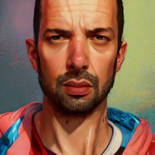 Image similar to andrew tate as a character on a GTA loading screen, au naturel, hyper detailed, digital art, trending in artstation, cinematic lighting, studio quality, smooth render, unreal engine 5 rendered, octane rendered, art style by klimt and nixeu and ian sprigger and wlop and krenz cushart