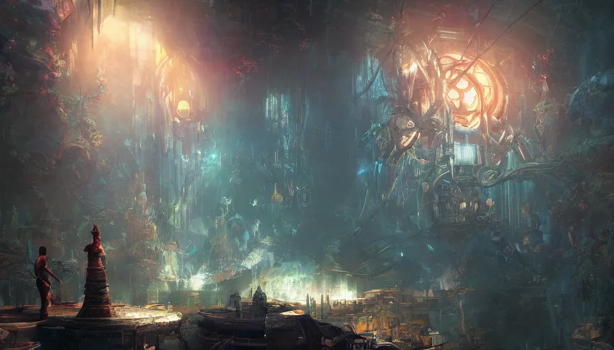 Image similar to craig mullins and ghibli digital illustration of yggdrasil inside rapture, bioshock concept art, astrophotography, colorful, unreal engine, hyper realism, realistic shading, cinematic composition, realistic render, octane render, detailed textures, photorealistic, wide shot