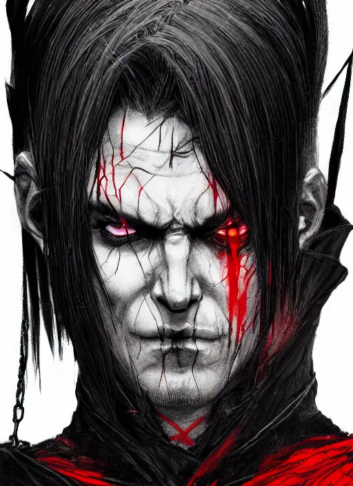 Image similar to close up portrait of a vampire in a dark cloak, black and red color, powerful, domineering, stoic, masterful, intense, ultrafine hyperdetailed illustration by kim jung gi, irakli nadar, intricate linework, sharp focus, octopath traveler, yoji shinkawa, highly rendered, detailed, concept art