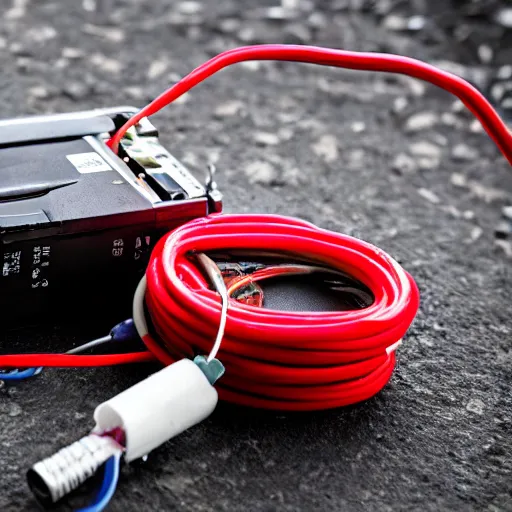 Prompt: a photo of a car battery with a red jumper cable connected to positive pole of the battery