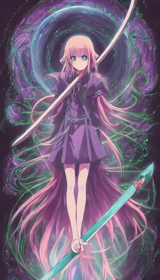 Image similar to a beautiful link drawing of the being death as a cute anime girl with a giant scythe from a studio ghibli film inspired by the death tarot card, dark vibes, pastel colors, cosmic, high quality