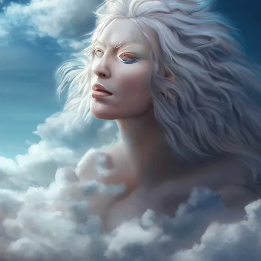 Image similar to a colossal goddess is looking on us from above, creative, albino skin, giant, digital art, photo manipulation, clouds, covered in clouds, covered by clouds, white hair, digital painting, artstation