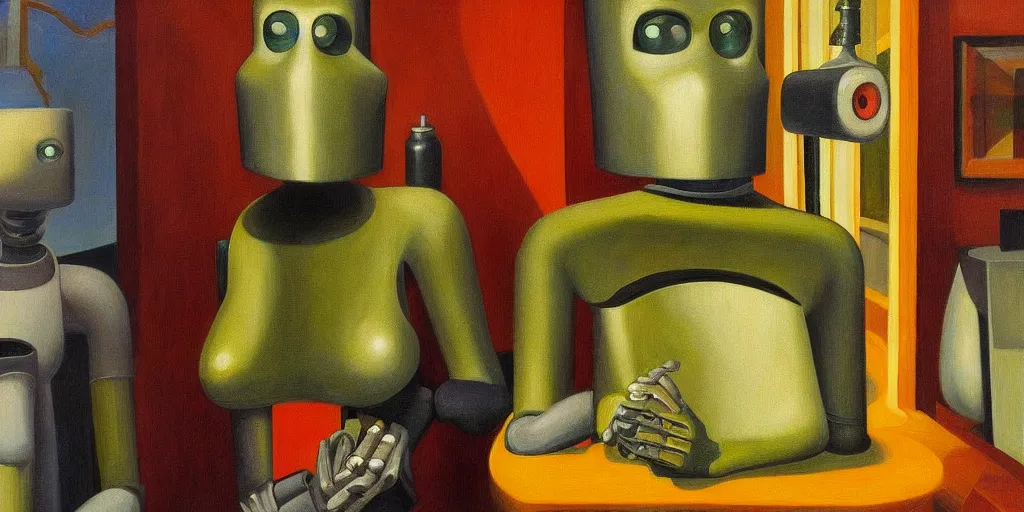 Image similar to super - intelligent robot with kind eyes portrait, lowbrow, pj crook, grant wood, edward hopper, oil on canvas