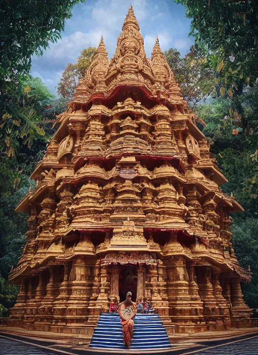 Prompt: wide - angle shot of hindu temple, depth of field, zeiss lens, detailed, symmetrical, centered, fashion photoshoot, by nicoletta ceccoli, mark ryden, lostfish, earl nore, hyung tae, frank frazetta, breathtaking, 8 k resolution, extremely detailed, beautiful, establishing shot, artistic, hyperrealistic, octane render