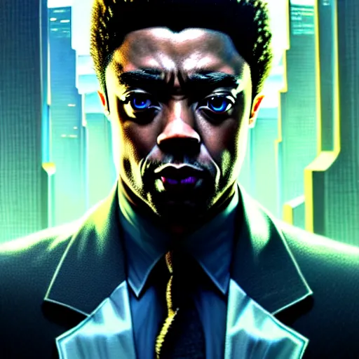 Image similar to portrait painting of a cyberpunk corporate boss elven chadwick boseman, ultra realistic, concept art, intricate details, eerie, highly detailed, photorealistic, octane render, 8 k, unreal engine. art by artgerm and greg rutkowski and charlie bowater and magali villeneuve and alphonse mucha