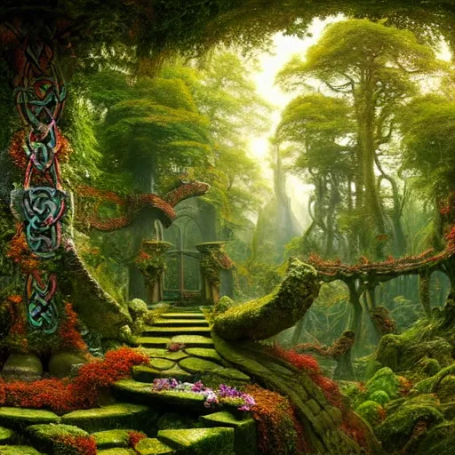 Image similar to a beautiful and highly detailed matte painting of a lush garden in a beautiful forest, carved celtic stone runes, psychedelic colors, intricate details, epic scale, insanely complex, hyperdetailed, artstation, cgsociety, 8 k, sharp focus, hyperrealism, by caspar friedrich, albert bierstadt, james gurney, brian froud,