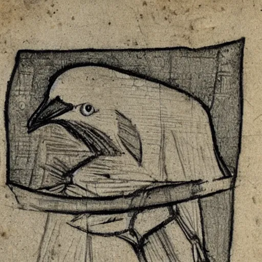 Image similar to medieval sketch of an exhausted anthropomorphic bird resting