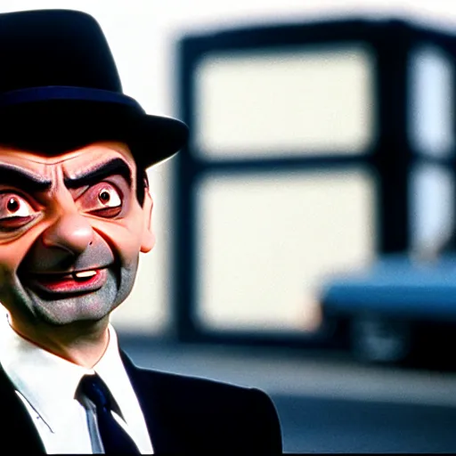 Image similar to mr. bean as a blues brother from the blues brothers movie. movie still. cinematic lighting.