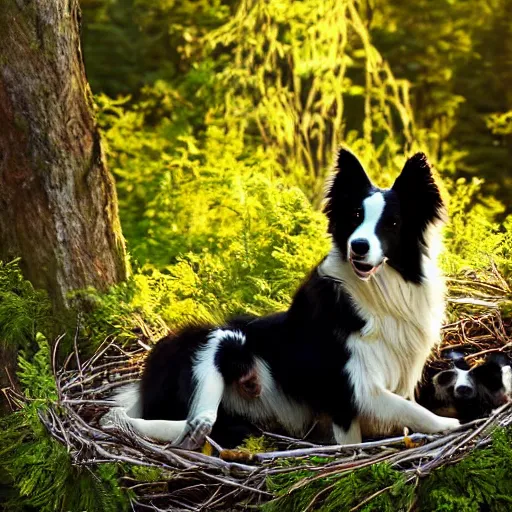 Prompt: a border collie protecting a fledgling in a nest in a forest, beautiful, golden hour, impressionist