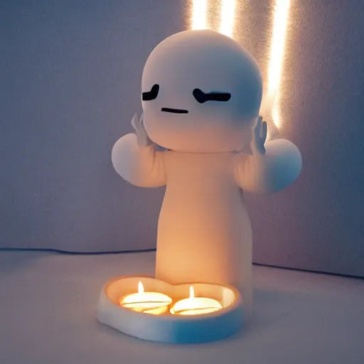 Prompt: a white marble statue of the reddit snoo mascot in a darkened room surrounded by lit candles