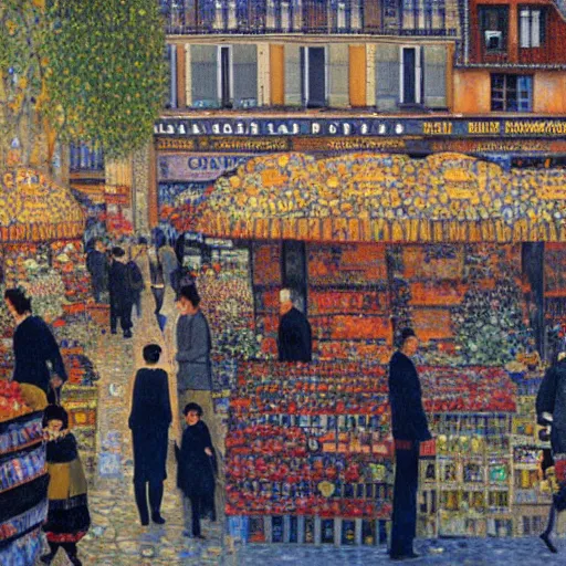 Image similar to a beautiful painting of a Parisian market by Gustav Klimt trending on Artstation