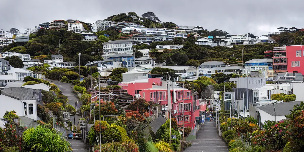 Image similar to a very steep street in wellington, new zealand with multiple building covered in living walls made of endemic new zealand plant species. patrick blanc. windy rainy day. people walking in raincoats. 1 9 0 0's colonial cottages. harbour in the distance.