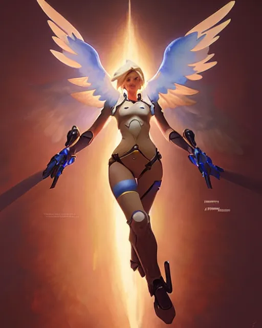 Image similar to mercy from overwatch, radiant light, caustics, by boris vallejo, gaston bussiere, bayard wu, greg rutkowski, giger, maxim verehin