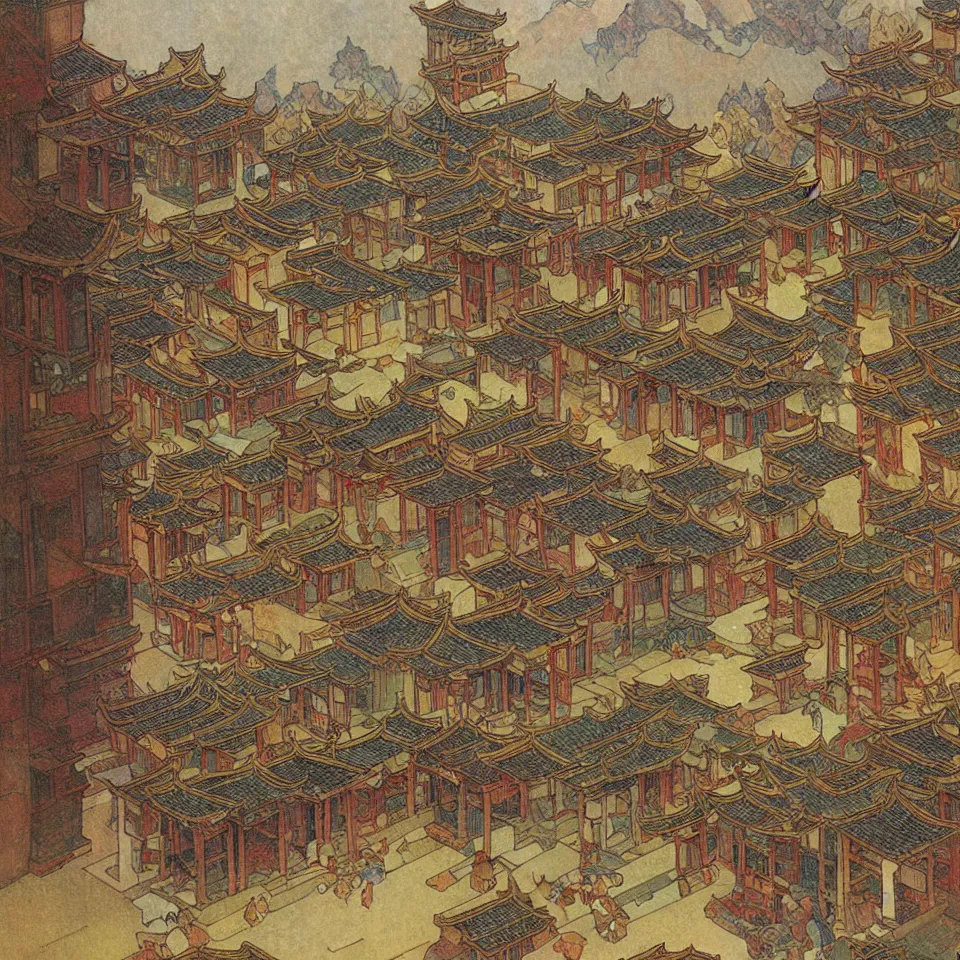 Prompt: a painting of abstract buildings like hongcun ancient village houses by alphonse mucha