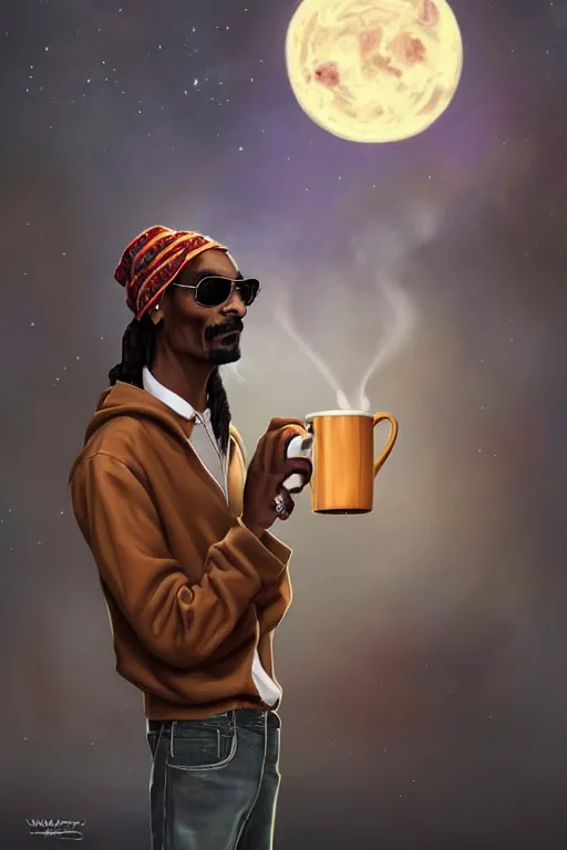 Image similar to Snoop Dogg offering a steaming mug of chai tea, against the backdrop of the universe, full body, digital painting, artstation, concept art, sharp focus, cinematic lighting, illustration, art by artgerm and Norman Rockwell, cgsociety