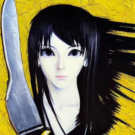 Image similar to “Oil portrait of an anime girl with white hair holding a knife in the style of Yoshitaka Amano, abstract black and white pattern on the background, 1990s vibe, expressive brush strokes, highly detailed, film grain noise effect, renaissance oil painting”