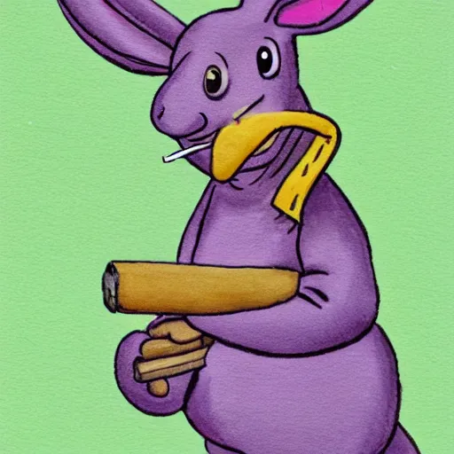 Image similar to a violet rabbit smoking a cigar, in the style of h. r. geiger