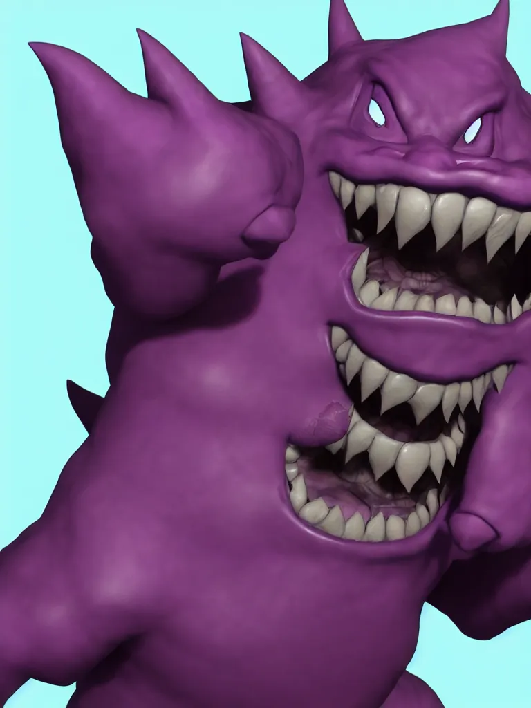 Image similar to gengar transformation closeup realistic, 3 d render, 3 d rendered, high detail, high resolution, dynamic lighting, moody lighting, high contrast, colorful