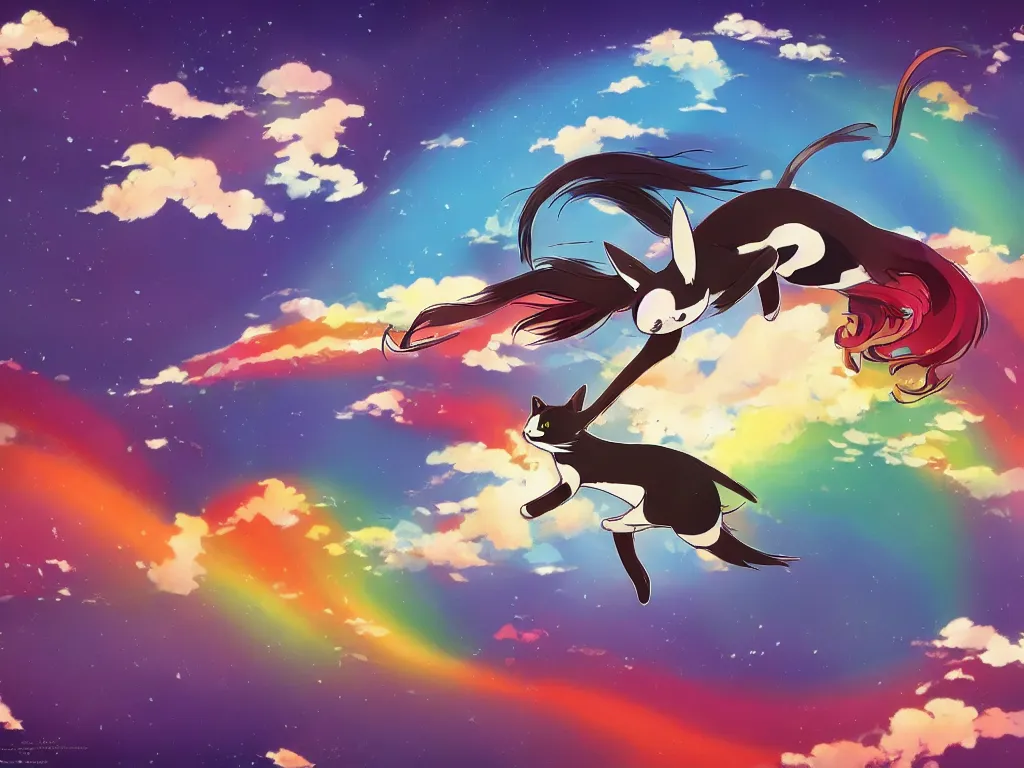 Image similar to a flying rainbow - colored cat, studio ghibli, anime, 4 k wallpaper, artstation