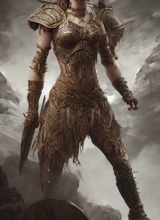 Prompt: detailed full body concept art illustration matte painting of a female warrior princess in full intricate clothing, ultra detailed, digital art, octane render, 4K, dystopian, micro details
