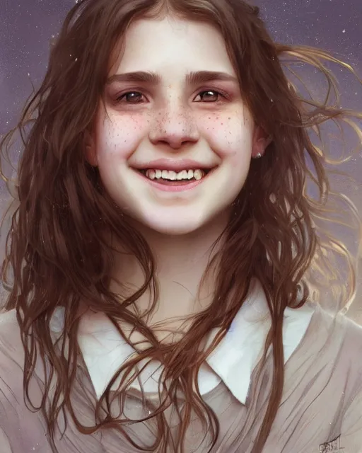 Image similar to close up portrait of 1 5 - year - old girl, smile with large front teeth, hermione, very bushy brown hair, and very bright brown eyes, wearing white shirt, hyper realistic face, beautiful eyes, close up, fantasy art, in the style of greg rutkowski, intricate, alphonse mucha, hyper detailed, smooth