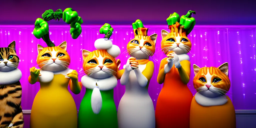 Image similar to 8 k uhd cinema 4 d, octane render of multiple cats dressed as vegetables with vegetables as masks, vegetables dressed as cats with fluffy tails, line dancing at a party, in the ballroom of a luxury cruise liner, beautiful chandeliers from the ceiling, ultra realistic, group photography, 1 0 5 mm lens, multi coloured volumetric lighting