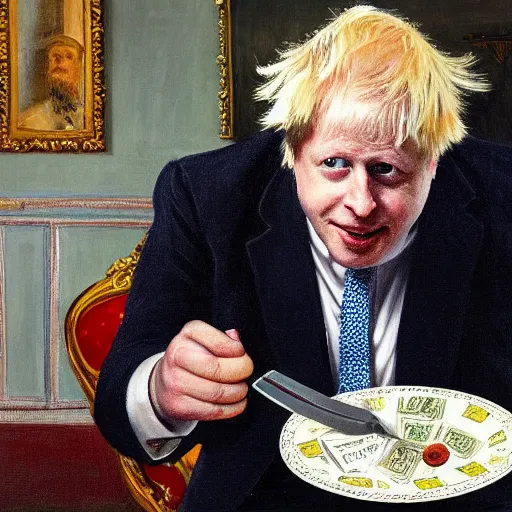 Image similar to painting of boris johnson eating a plate of money pound notes with a knife and fork, ornate feeling, chandelier, royal palace interior