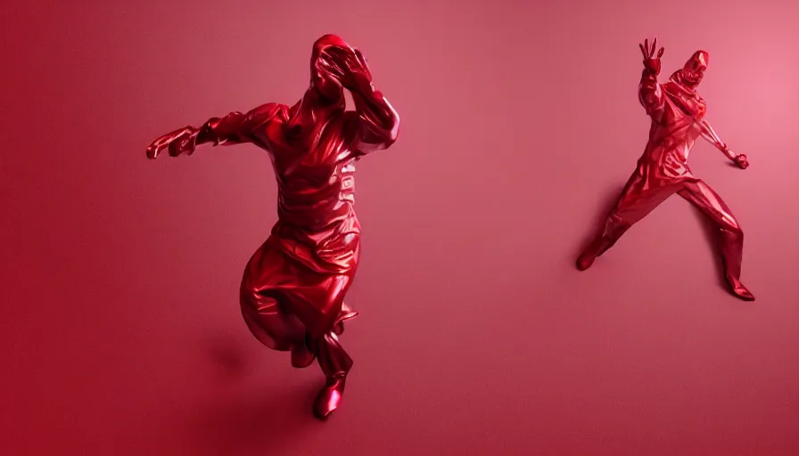 Image similar to invisible man wrapped in red sheet, actionpose, photorealistic rendering, raytracing, volumetric lighting, cloth simulation, reflections, darkness, high contrast