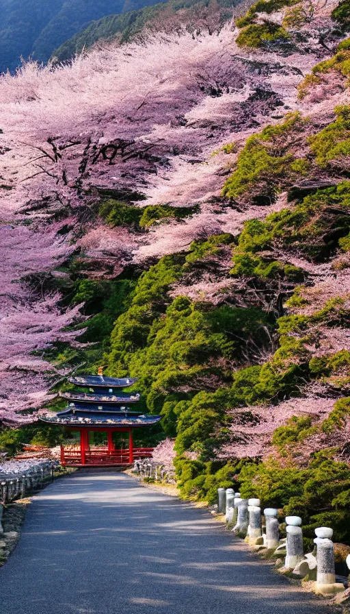 Image similar to a shinto shrine path atop a mountain,spring,cherry trees,beautiful,nature,distant shot,isometric