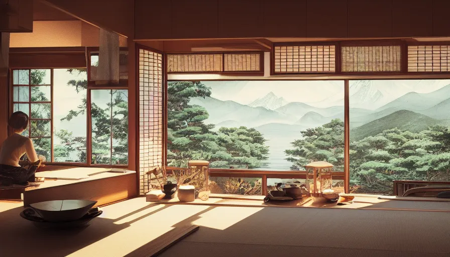 Image similar to interior of a japanese house built on the mountains, view, view on the lake, sunrise through the windows, forest, hyperdetailed, artstation, cgsociety, 8 k