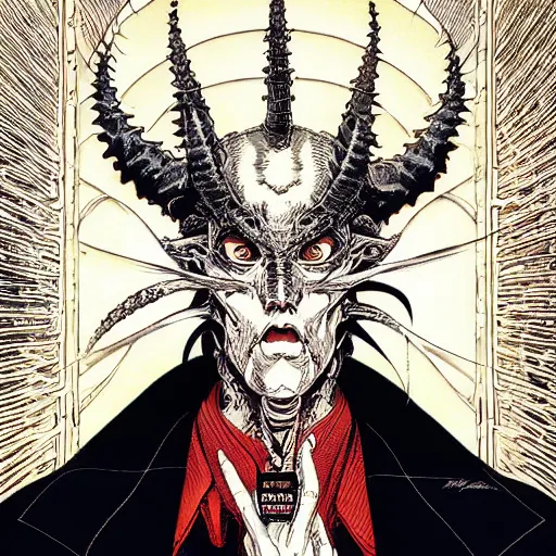 Image similar to portrait of devil's advocate, symmetrical, by yoichi hatakenaka, masamune shirow, josan gonzales and dan mumford, ayami kojima, takato yamamoto, barclay shaw, karol bak, yukito kishiro