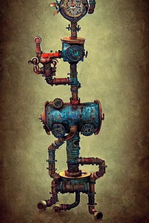 Prompt: robot pug, made out of pipes, cogs and an old boiler, fairytale, magic realism, steampunk, mysterious, vivid colors, by andy kehoe, amanda clarke. cute, sad pug dog