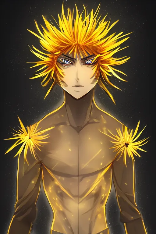 Image similar to amber glowing luminescent dandelion male anime character, symmetrical, highly detailed, digital art, sharp focus, trending on art station, amber eyes, autumnal colours