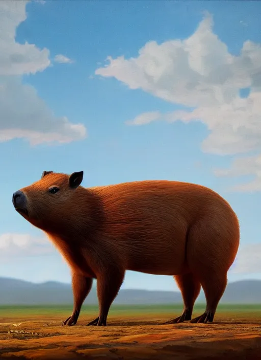 Image similar to detailed full body concept oil painting of a capybara in cowboy clothing, octane render, 4k